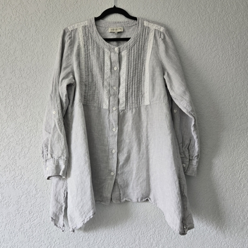 Jones New York 1X Grey Linen Button Front Long‎ Sleeve Shirt Asymmetric Hem